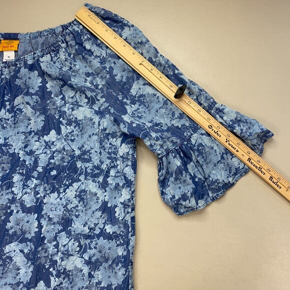 Ruby Rd Chambray Denim Dress Womens XL Blue Floral Bell Sleeve Peasant Milkmaid - Picture 6 of 11